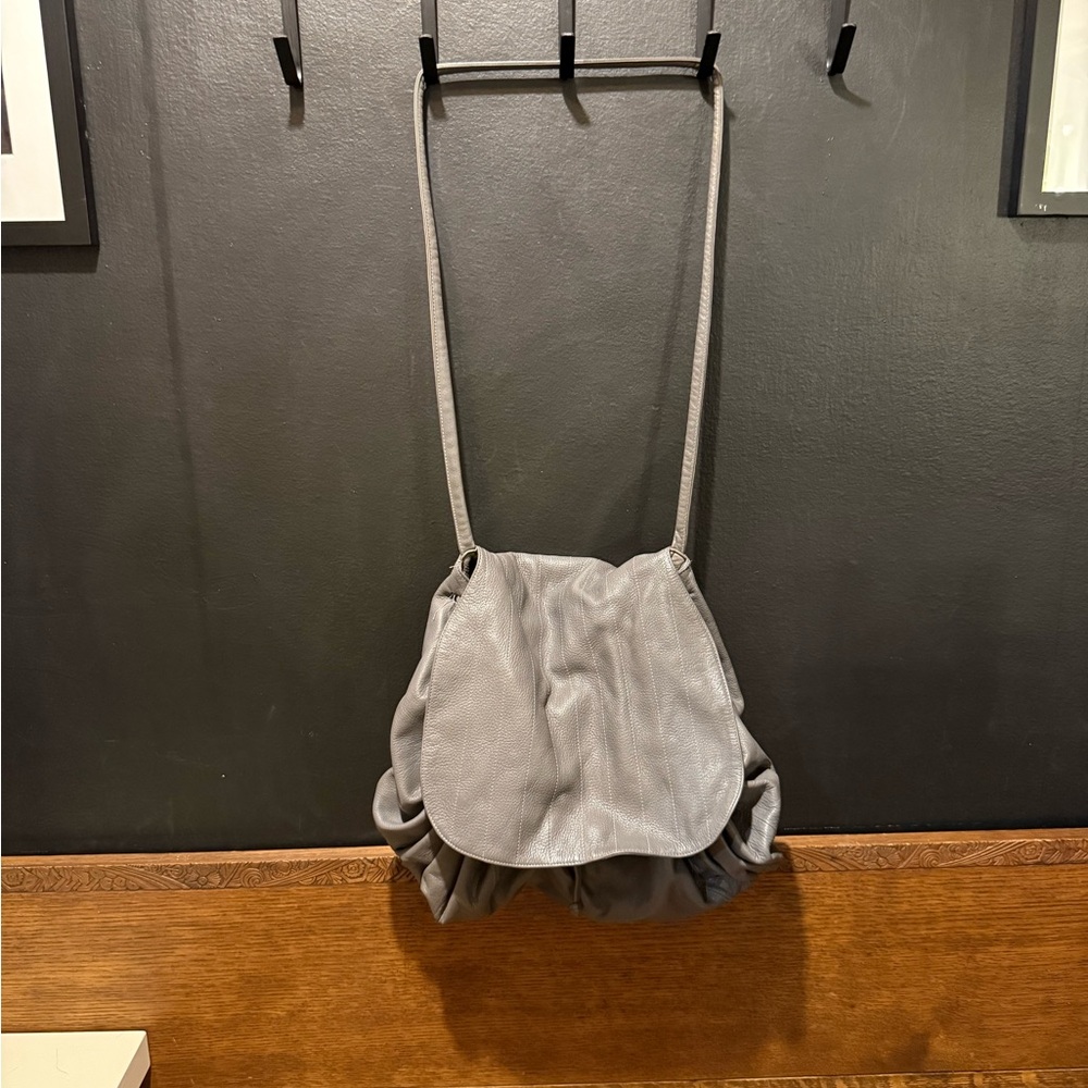 Vintage Genuine Leather Slouchy Drawstring Crossbody Bag – Gray
